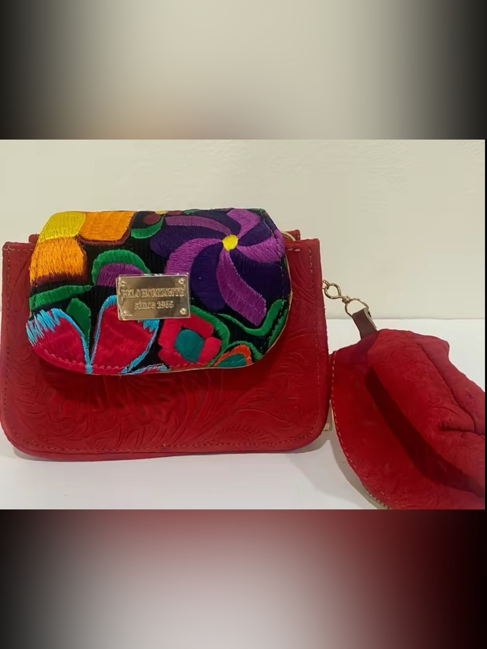 Mini Artisanal Embroidered Floral Red Leather Crossbody Bag.